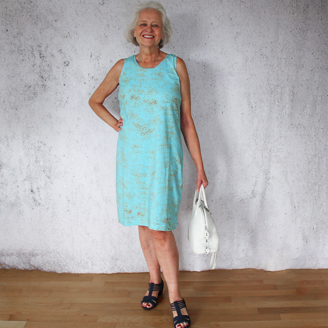 Einfaches Sommerkleid Paula - Ute Türkis-Gold mit Handtasche