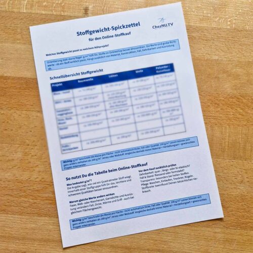 Vorschaubild des Stoffgewicht-Spickzettels für den Online-Stoffkauf als kostenloser PDF-Download von ChezNU.